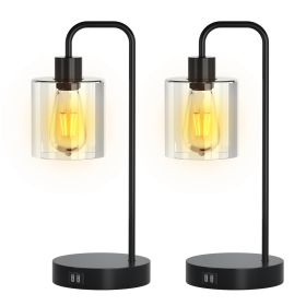 2Packs Touch Control Table Lamp 3-Way Dimmable Nightstand Reading Lamp With Glass Shade or Bedroom Living Room Dual USB Ports AC Power Outlet LED Bulb
