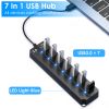 USB3.0 Hub Splitter 7Ports High Speed 5Gbps USB Data Expander with Separate ON OFF Switch for PC Computer