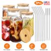 6Pcs Mason Jar Cups with Lid 16OZ Reusable Glass Beer Can with Bamboo Lids Glass Straws Cleaning Brush for Iced Coffee Smoothie Tea