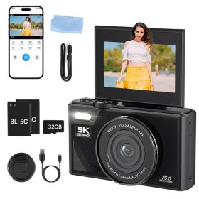 5K 75MP Digital Camera for Photography Anti-Shake WiFi Vlogging Video Camera with 9 Shooting Modes 18X Zoom Fill Light Webcam Function 2 Batteries 32G