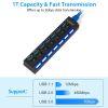 7-Port USB 3.0 Hub High Speed Multiport Data USB Hub with Individual Power Switches LEDs Power Adapter Fit for Laptop PC MacBook