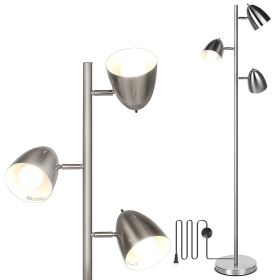 Black Tree Standing Floor Lamp Metal 3 Color Temperature Reading LED Bulb Light 360 Degree Adjustable Individual Separate Switch Living Room Bedroom O (Option: FloorLampSilver)
