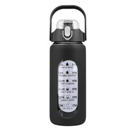64Oz Glass Water Bottle Sports Water Bottle Motivational Water Bottle Water Intake Tracker Bottle with Straw Time Marker Silicone Sleeve Handle for Gy (Option: Bottle64OZBlack)