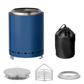 Stainless Steel Smokeless Fire Pit with Foldable Legs Integrated Cylindrical Wood Burning Stove with Alcohol Cover and Storage Bag Portable Silve (Color: Blue)