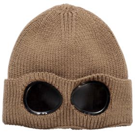 Unisex Knit Beanie Hat with Goggle Chunky Winter Warm Hat Skull Cap 4 Colors (Option: BeanieHatKhaki)